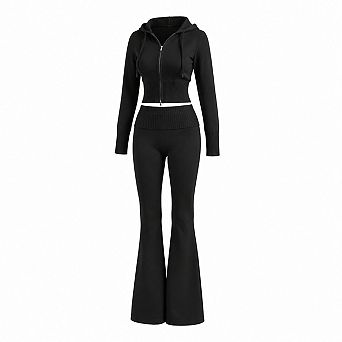 Womens 2 pc Knit Set Cropped Zip Up Hoodie Flare Leg Pants