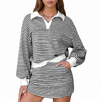 Womens 2 pc Striped Polo Long Sleeve Skort Tracksuit Lounge Workout Set