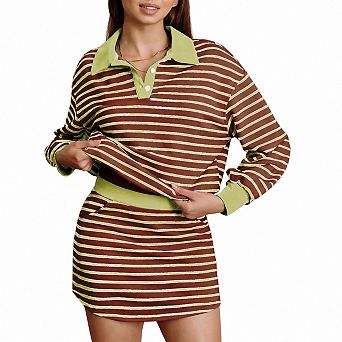 Womens 2 pc Striped Polo Long Sleeve Skort Tracksuit Lounge Workout Set