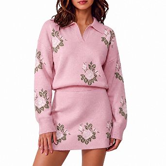 Womens 2 pc Floral Knit Skirt Set Collared V Neck Fall Outfit