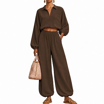 Womens 2 pc Casual Shirt Wide Leg Pants Set Versatile Travel Wear