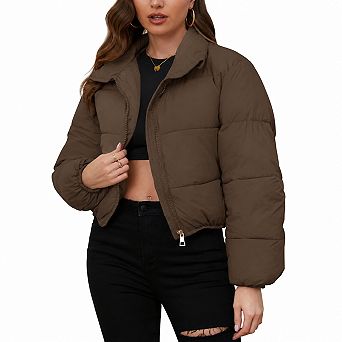 Women Cropped Puffer Jacket Winter Warm Stand Collar Coat with Zip Pockets