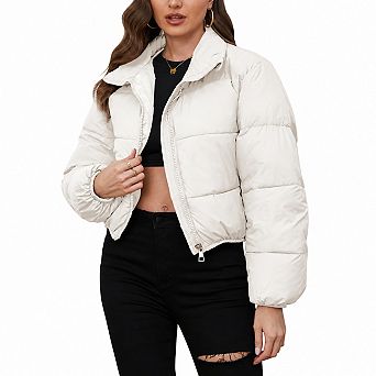 Women Cropped Puffer Jacket Winter Warm Stand Collar Coat with Zip Pockets