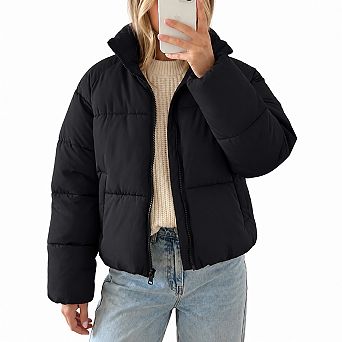 Womens Winter Cropped Puffer Jacket Warm Quilted Coat With Pockets