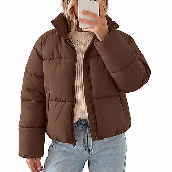 Womens Winter Cropped Puffer Jacket Warm Quilted Coat With Pockets