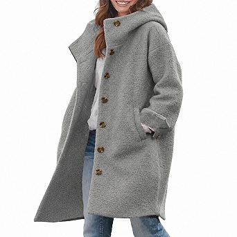 Women Winter Single Breasted Hooded Long Wool Blend Coat Casual Trench Jacket