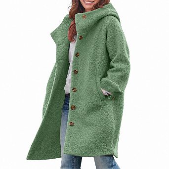 Women Winter Single Breasted Hooded Long Wool Blend Coat Casual Trench Jacket