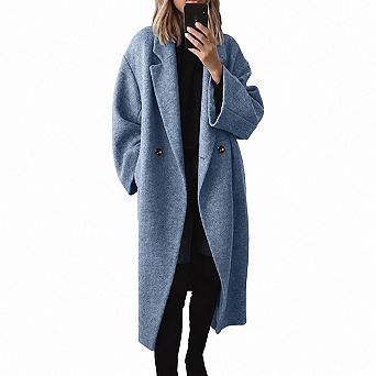Women Winter Double Breasted Wool Blend Trench Coat Notch Lapel Long Sleeve