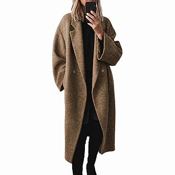 Women Winter Double Breasted Wool Blend Trench Coat Notch Lapel Long Sleeve