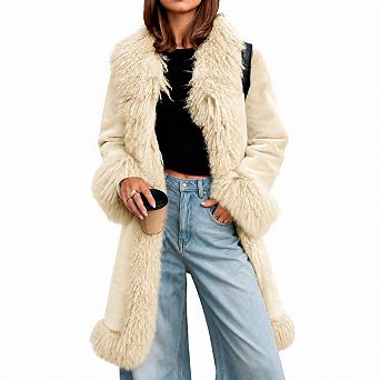 Womens Faux Fur Trim Fluffy Warm Winter Coat Jacket Outerwear