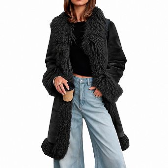 Womens Faux Fur Trim Fluffy Warm Winter Coat Jacket Outerwear