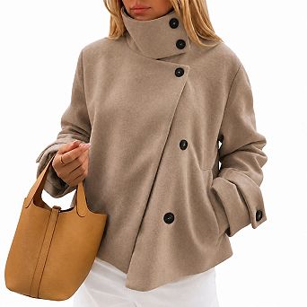 Womens High Neck Faux Wool Single Breasted Short Pea Coat