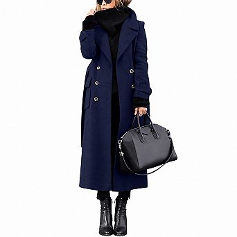 Women Winter Double Breasted Long Pea Coat Business Casual With Belt