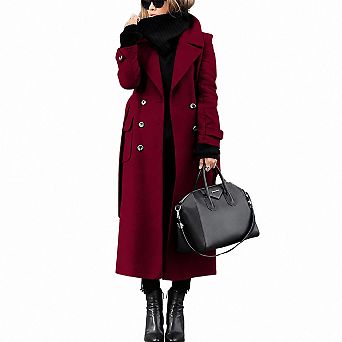 Women Winter Double Breasted Long Pea Coat Business Casual With Belt