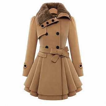 Women Faux Fur Collar Double Breasted Flare Trench Coat Dress Jacket