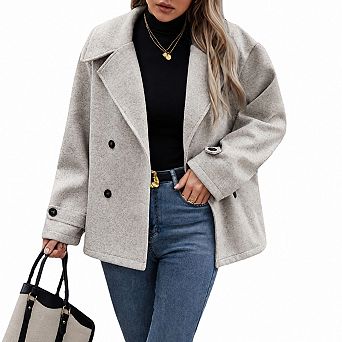 Women Winter Cropped Wool Pea Coat Loose Fit Notch Collar