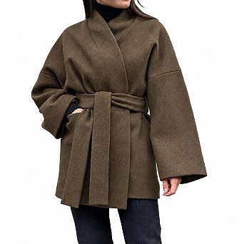 Womens Faux Wool Blend Winter Belted Wrap Oversized Jacket