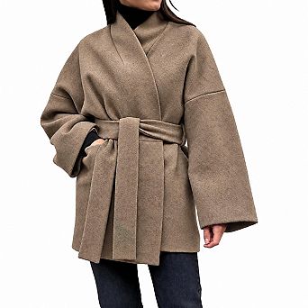 Womens Faux Wool Blend Winter Belted Wrap Oversized Jacket