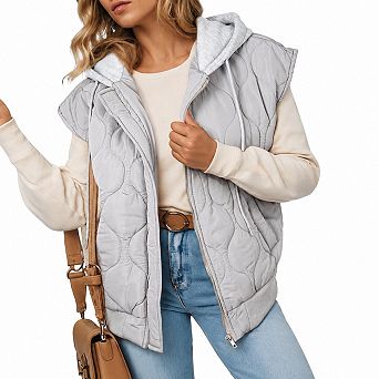 Cropped Hooded Zip Up Quilted Sleeveless Puffer Vest Lightweight Coat With Pockets