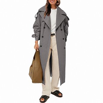 Womens Oversized Long Trench Coat Double Breasted Lapel Windproof Warm