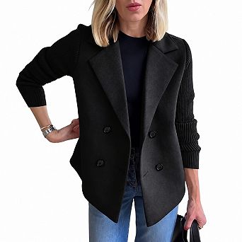 Women's Wool Blend Pea Coat Notch Lapel Ribbed Knit Long Sleeve Jacket
