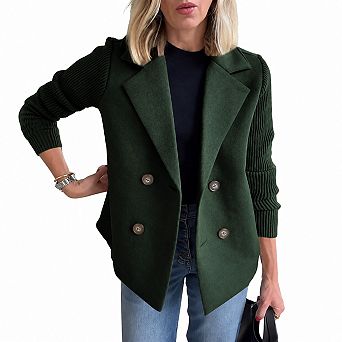 Women's Wool Blend Pea Coat Notch Lapel Ribbed Knit Long Sleeve Jacket