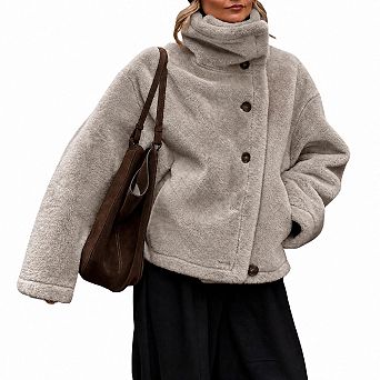 Womens Oversized Sherpa Jackets Stand Collar Warm Winter Coats