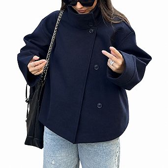Women Crop Pea Coat Wool Blend Winter Loose Casual Short Jacket Outwear