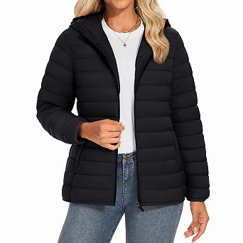 Women's Lightweight Quilted Puffer Jacket Hooded Water Resistant Warm Coat