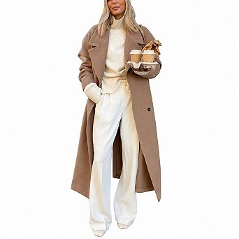 Womens Oversized Long Wool Coat Double Breasted Notch Lapel Winter Trench