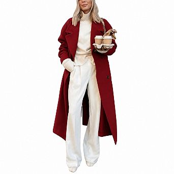 Womens Oversized Long Wool Coat Double Breasted Notch Lapel Winter Trench