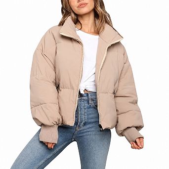 Women Winter Cropped Puffer Jacket Stand Collar Warm Quilted Long Sleeve