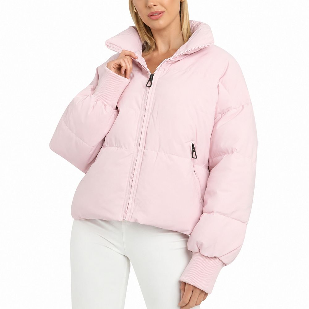 Women Winter Cropped Puffer Jacket Stand Collar Warm Quilted Long Sleeve