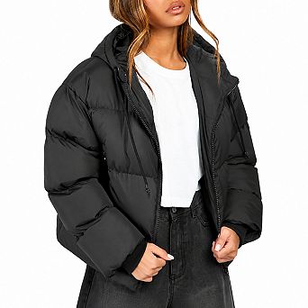Women's Cropped Hooded Puffer Jacket Warm Quilted Winter Coat