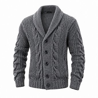 Men Cable Knit Shawl Collar Long Sleeve Loose Fit Cardigan Sweater