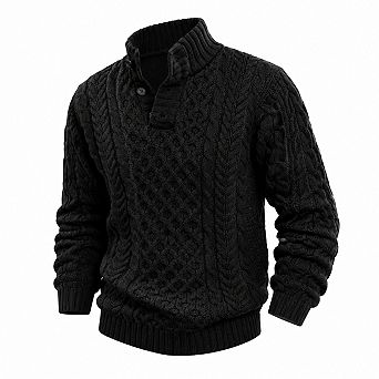 Men Stand Collar Cable Knit Chunky Pullover Sweater