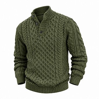 Men Stand Collar Cable Knit Chunky Pullover Sweater