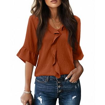Womens 3/4 Sleeve Ruffle Bell Blouse Dressy Casual Work Tops