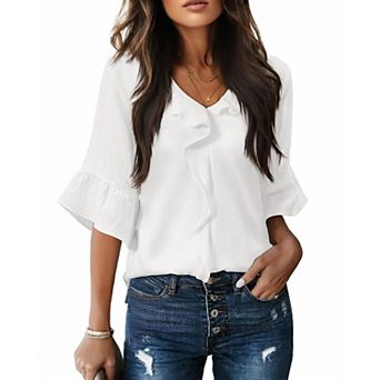 Womens 3/4 Sleeve Ruffle Bell Blouse Dressy Casual Work Tops