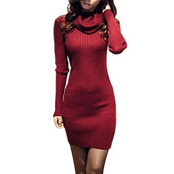 Ribbed Knit Fitted Bodycon Cowl Neck Midi Dress Women Fall Winter