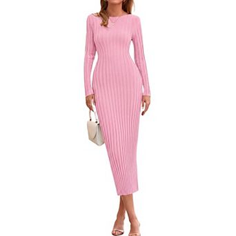 Womens Casual Boat Neck Long Sleeve Ribbed Knit Bodycon Maxi Dress