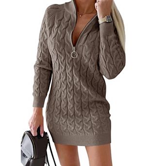 Womens Cable Knit Half Zip Bodycon Mock Neck Mini Dress