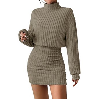 Womens Ribbed Knit Mock Neck Bodycon Mini Dress