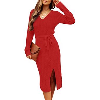 Womens Fall Long Sleeve V Neck Cable Knit Midi Dress