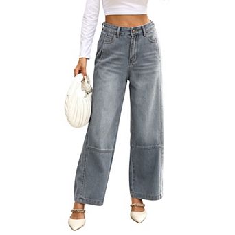 Womens High Waist Wide Leg Jeans Back Elastic Waistband Patchwork Seam Loose Casual Denim Pants