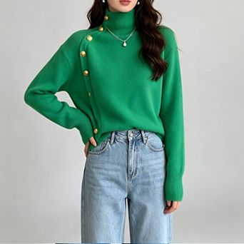 ShopWonder Women's Crew Neck Long Sleeve Knit Pullover Sweater with Buttons Decor