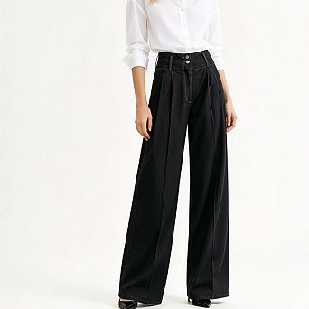 Womens High Waist Wide Leg Pants Double Button Pleated Front Long Trousers With Side Pockets