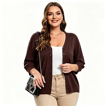 Plus size Women V-Neck Knit Cardigan Casual Fall Lightweight Sweater for Women