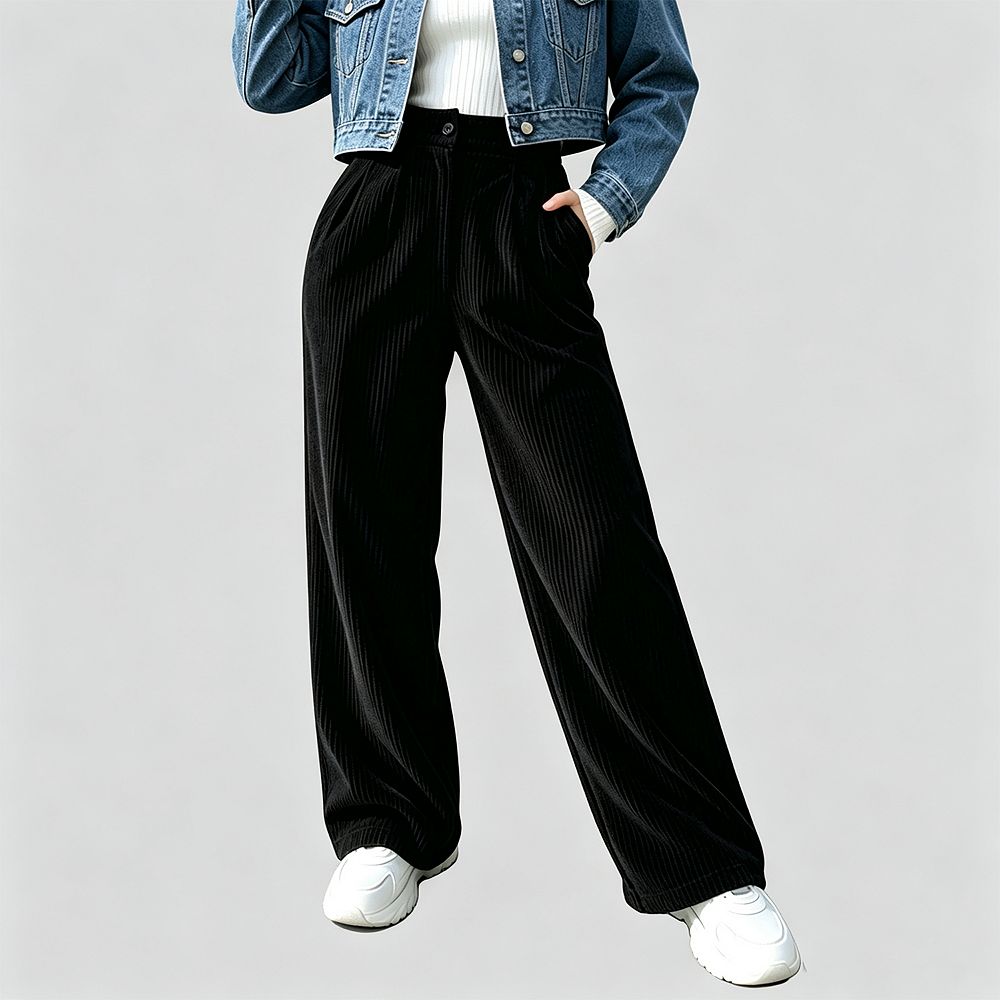Women High Waist Corduroy Wide Leg Pants Pleated Front Button Closure ...