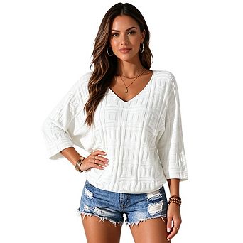 Women's Loose V Neck Knit Pullover Lightweight 3/4 Sleeve Top